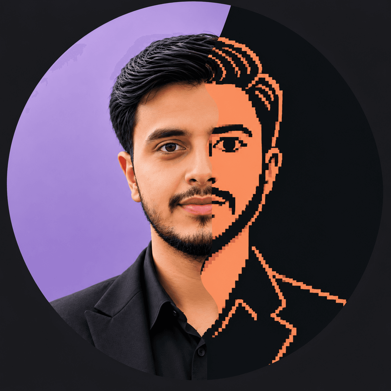 Mudassar Zafar, web developer in Faisalabad, Pakistan, shown in a portrait blended with a pixel-art illustration